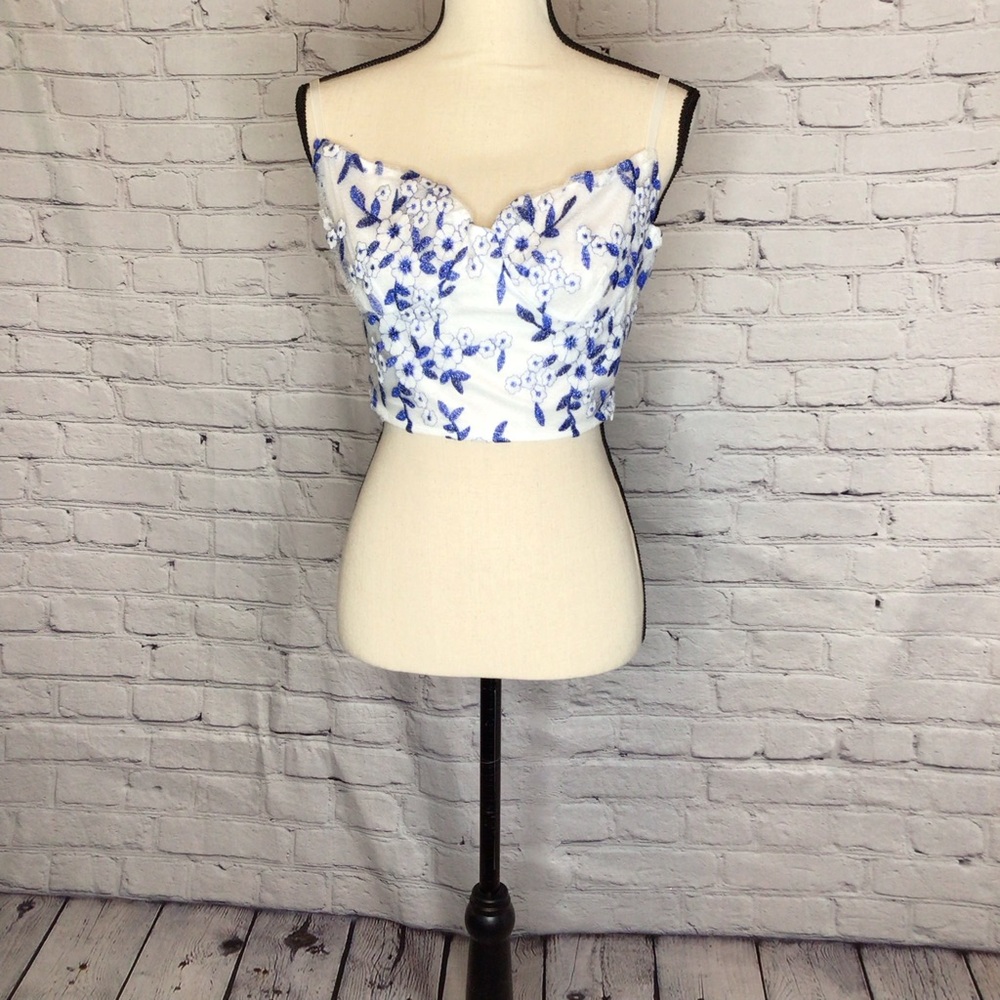 SHEIN Blue Metallic and White Floral Embroidered Bralette Bustier Crop Top 6